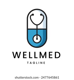 Capsule with Stethoscope. This logo is perfect for companies or services in the medical field, clinics, hospitals or pharmacies that are committed to quality healthcare.