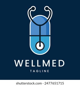 Capsule with Stethoscope. This logo is perfect for companies or services in the medical field, clinics, hospitals or pharmacies that are committed to quality healthcare.