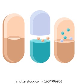 Kapselaufkleber auf weißem, isoliertem Hintergrund. Vitamin Pillen für Sozialbanner, medizinisches Poster, Webvorlage oder Stoffdruck. Chemist Shop Logo oder Infokarte. Stockillustration für minimale Vektorillustration