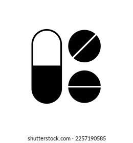 Icono de la cápsula y el comprimido de color negro y blanco aislado. Firma de vectores para aplicaciones, libros, banners, anuncios, sitios, tiendas, tiendas