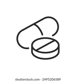 Capsule and tablet, linear style icon. different forms of medication. Editable stroke width.