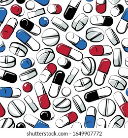 Capsule and tablet pills seamless pattern vector illustration.