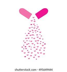 Capsule tablet vector icon. Pink open pill capsule with hearts inside. Metaphor of love.
