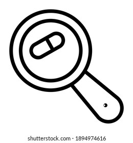 Capsule under magnifying glass, search pill icon