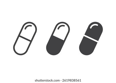 Capsule vector icon. Pills vector icon set. Pharmaceutical capsule symbol. Antibiotic drug tablet medicine icon in black color.