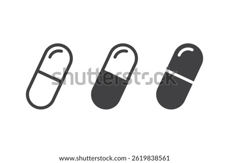 Capsule vector icon. Pills vector icon set. Pharmaceutical capsule symbol. Antibiotic drug tablet medicine icon in black color.
