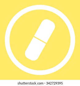 Capsule vector icon. Style is flat rounded symbol, white color, rounded angles, yellow background.