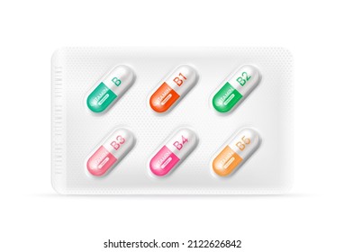 Capsule vitamin B serum with chemical formula. Anti aging beauty enhancement health care. Pills capsules antibiotics isolated on white background. Healthcare medical pharmaceutical concepts. 3D Vector