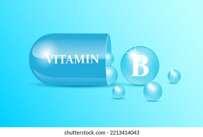 Capsule vitamin B structure blue and white with circular bubbles flowing out blue background. Beauty concept. Personal care. 3D Vector Illustration. transparent capsule pill. Drug business concept.