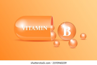 Capsule vitamin B structure orange and white with circular bubbles flowing out. Beauty concept. Personal care. 3D Vector Illustration. transparent capsule pill. Drug business concept.