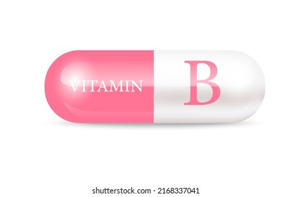 Capsule vitamin B structure pink and white. Beauty concept. Personal care. 3D Vector Illustration. transparent capsule pill. Drug business concept. Vitamin complex with chemical formula.
