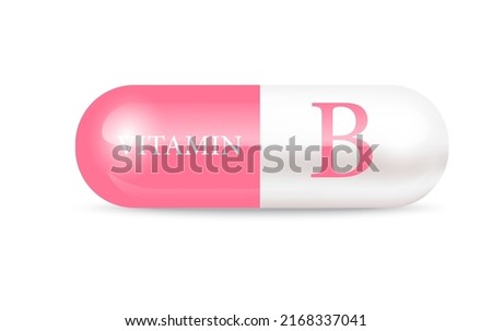 Capsule vitamin B structure pink and white. Beauty concept. Personal care. 3D Vector Illustration. transparent capsule pill. Drug business concept. Vitamin complex with chemical formula.