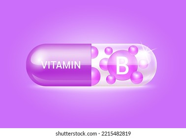 Capsule vitamin B structure purple and white It's transparent and vitamin pill is on inside. Beauty concept. Personal care. 3D Vector Illustration. transparent capsule medicine. Drug business concept