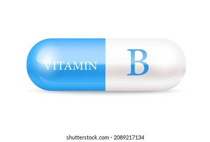 Estructura de la vitamina B de la cápsula (Thiamina) Azul, blanco. Complejo de vitamina 3D con fórmula química. Cuidados personales, concepto de belleza. Ilustración vectorial. píldora transparente de la cápsula. Concepto de negocio de drogas.