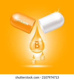 Estructura anaranjada de la vitamina B de la cápsula (Thiamina), blanca abierta como gota de agua. Ilustración de vectores 3D. Concepto de negocio de drogas. Cuidados personales, concepto de belleza. Complejo de vitamina con fórmula química. 