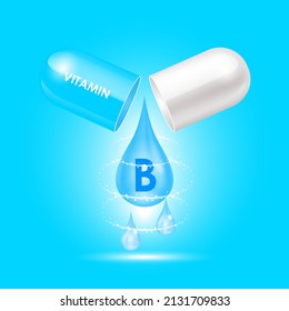 Capsule vitamin B (Thiamine) structure Blue, white open as drop of water. 3D Vector Illustration. Drug business concept. Personal care, beauty concept. Vitamin complex with chemical formula.