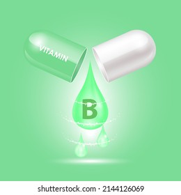 Capsule vitamin B (Thiamine) structure green, white opened as drop of water. 3D Vector Illustration. Personal care, beauty concept.Vitamin complex with chemical formula. Drug business concept.