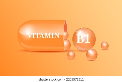 Capsule vitamin B1 Icon structure orange and white with circular bubbles flowing out. Beauty concept. Personal care. 3D Vector Illustration. transparent capsule pill. Drug business concept.