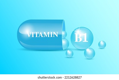 Capsule vitamin B1 structure blue and white with circular bubbles flowing out blue background. Beauty concept. Personal care. 3D Vector Illustration. transparent capsule pill. Drug business concept.