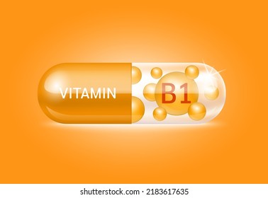 Estructura de la vitamina B1 de la cápsula naranja y blanco Es transparente y la píldora vitamínica está en el interior. Concepto de belleza. Atención personal. Ilustración de vectores 3D. píldora transparente de la cápsula. Concepto de negocio de drogas.