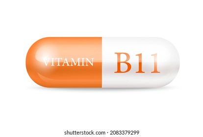 Capsule vitamin B11 structure orange and white . Beauty concept. 3D Vector Illustration. transparent capsule pill. Drug business concept.  Vitamin complex with chemical formula. Personal care.