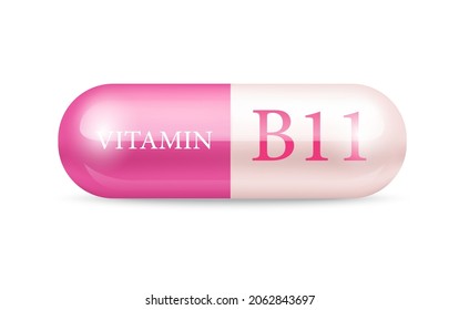 Capsule vitamin B11 structure Pink and white. Vector Illustration. transparent capsule pill. Drug business concept. 3D Vitamin complex with chemical formula. Personal care, beauty concept. 