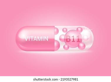 Capsule vitamin B11 structure pink and white It's transparent and vitamin pill is on inside. Beauty concept. Personal care. 3D Vector Illustration. transparent capsule pill. Drug business concept.