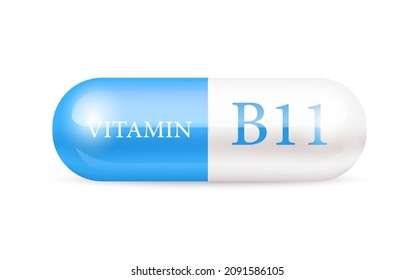 Estructura de la vitamina B11 de la cápsula (Thiamina) Azul, blanco. Complejo de vitamina 3D con fórmula química. Cuidados personales, concepto de belleza. Ilustración vectorial. píldora transparente de la cápsula. Concepto de negocio de drogas.