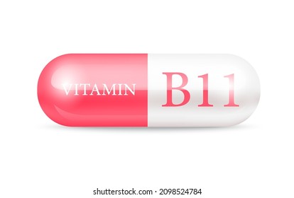 Vitamina B11 (Thiamina) estructura rosa roja, blanca. Complejo de vitamina 3D con fórmula química. Concepto de negocio de drogas. Cuidados personales, concepto de belleza. Ilustración vectorial. píldora transparente de la cápsula.