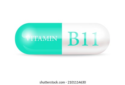 Capsule vitamin B11 (Thiamine) structure green, white. Vitamin complex with chemical formula. Drug business concept. Personal care, beauty concept. 3D Vector Illustration. transparent capsule pill.
