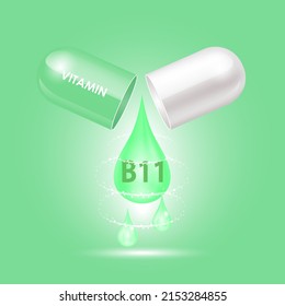 Estructura verde de la vitamina B11 (Thiamina) de la cápsula, blanca como gota de agua. Ilustración de vectores 3D. Cuidado personal, concepto de belleza. Complejo de vitamina con fórmula química. Concepto de negocio de drogas.