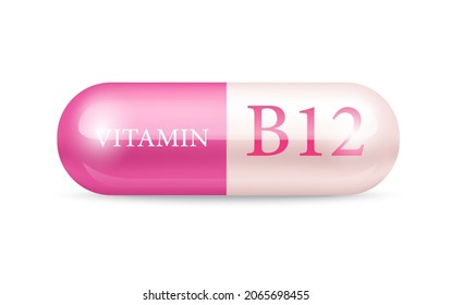 Capsule vitamin B12 structure Pink and white. Vector Illustration. transparent capsule pill. Drug business concept. 3D Vitamin complex with chemical formula. Personal care, beauty concept. 