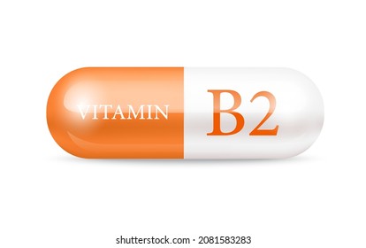 Estructura de la vitamina B2 de la cápsula en naranja y blanco. Concepto de belleza. Ilustración de vectores 3D. píldora transparente de la cápsula. Concepto de negocio de drogas.  Complejo de vitamina con fórmula química. Atención personal.