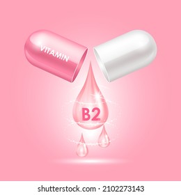Das Kapselvitamin B2 (Thiamin) besteht aus rosafarbenem, weiß geöffnetem Wasser. 3D-Vektorgrafik. Vitamin-Komplex mit chemischer Formel. Konzept des Drogenhandels. Persönliche Pflege, Beauty-Konzept. 