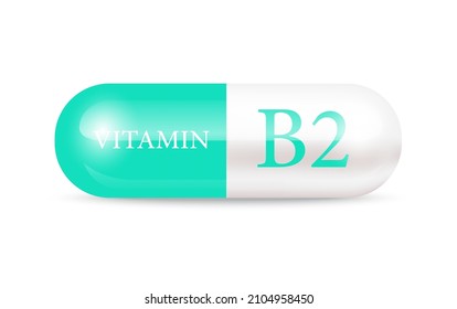 Capsule vitamin B2 (Thiamine) structure green, white. Vitamin complex with chemical formula. Drug business concept. Personal care, beauty concept. 3D Vector Illustration. transparent capsule pill.