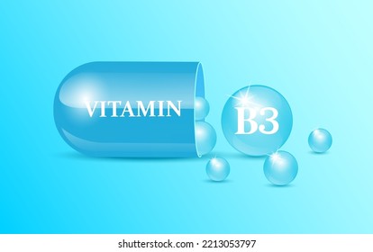 Das Kapselvitamin B3 ist blau-weiß strukturiert, mit kreisförmigen Bläschen, die aus blauem Hintergrund strömen. Schönheitskonzept. Persönliche Betreuung. 3D-Vektorgrafik. durchsichtige Kapselpille. Konzept des Drogenhandels.