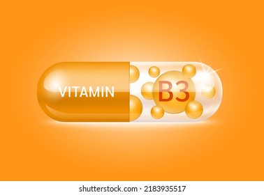 Vitamina B3 estructura naranja y blanca Es transparente y la píldora vitamínica está en el interior. Concepto de belleza. Atención personal. Ilustración de vectores 3D. píldora transparente de la cápsula. Concepto de negocio de drogas.