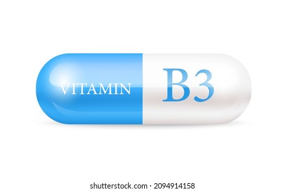Capsule vitamin B3 (Thiamine) structure Blue, white. 3D Vitamin complex with chemical formula. Personal care, beauty concept. Vector Illustration. transparent capsule pill. Drug business concept.