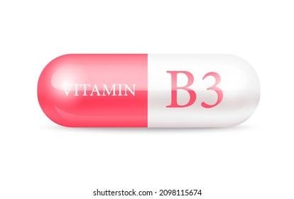 Capsule vitamin B3 (Thiamine) structure pink red, white. 3D Vitamin complex with chemical formula. Drug business concept. Personal care, beauty concept. Vector Illustration. transparent capsule pill. 
