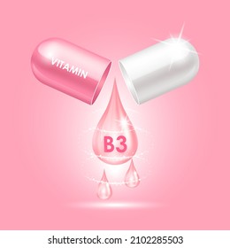 Estructura rosa de la vitamina B3 (Thiamina) de la cápsula, blanca y abierta como gota de agua. Ilustración de vectores 3D. Complejo de vitamina con fórmula química. Concepto de negocio de drogas. Cuidados personales, concepto de belleza. 