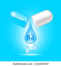 Capsule vitamin B3 (Thiamine) structure Blue, white open as drop of water. 3D Vector Illustration. Drug business concept. Personal care, beauty concept. Vitamin complex with chemical formula.