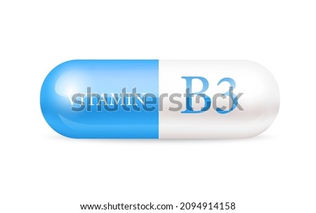 Capsule vitamin B3 (Thiamine) structure Blue, white. 3D Vitamin complex with chemical formula. Personal care, beauty concept. Vector Illustration. transparent capsule pill. Drug business concept.