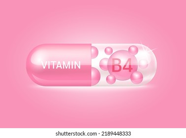 Capsule vitamin B4 structure pink and white It's transparent and vitamin pill is on inside. Beauty concept. Personal care. 3D Vector Illustration. transparent capsule pill. Drug business concept.