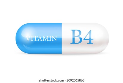 Estructura de la vitamina B4 de la cápsula (Thiamina) Azul, blanco. Complejo de vitamina 3D con fórmula química. Cuidados personales, concepto de belleza. Ilustración vectorial. píldora transparente de la cápsula. Concepto de negocio de drogas.