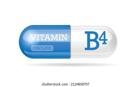 Capsule vitamin B4, Thiamine, structure Blue, white. 3D Vitamin complex with chemical formula. Personal care, beauty concept. vector illustration. transparent capsule pill. drug business concept.