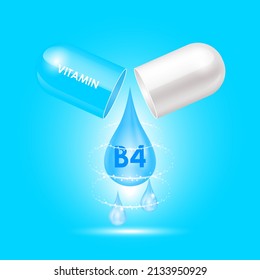 Capsule vitamin B4 (Thiamine) structure Blue, white open as drop of water. 3D Vector Illustration. Drug business concept. Personal care, beauty concept. Vitamin complex with chemical formula.