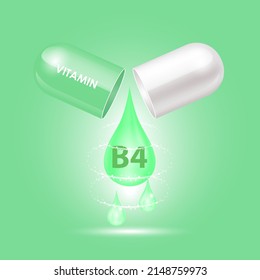 Capsule vitamin B4 (Thiamine) structure green, white opened as drop of water. 3D Vector Illustration. Personal care, beauty concept.Vitamin complex with chemical formula. Drug business concept.