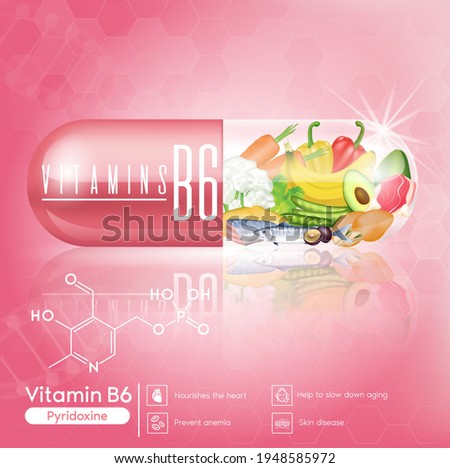 Capsule Vitamin B5 pink icons benefits and sources. Healthy food of vitamins fruits, vegetables. 3D Vector EPS10 illustration