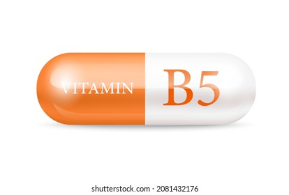 Capsule vitamin B5 structure orange and white . Beauty concept. 3D Vector Illustration. transparent capsule pill. Drug business concept.  Vitamin complex with chemical formula. Personal care.