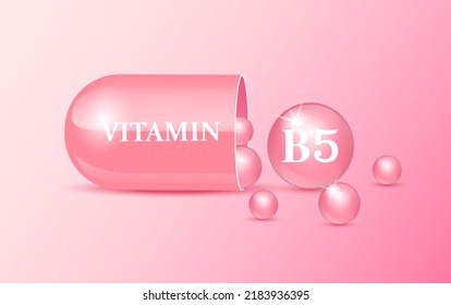 Capsule vitamin B5 structure pink and white with circular bubbles flowing out. Beauty concept. Personal care. 3D Vector Illustration. transparent capsule pill. Drug business concept.
